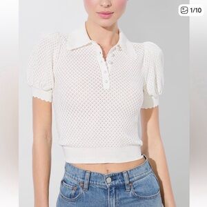 Alice + Olivia Ramona White Pointelle Short Sleeve Polo